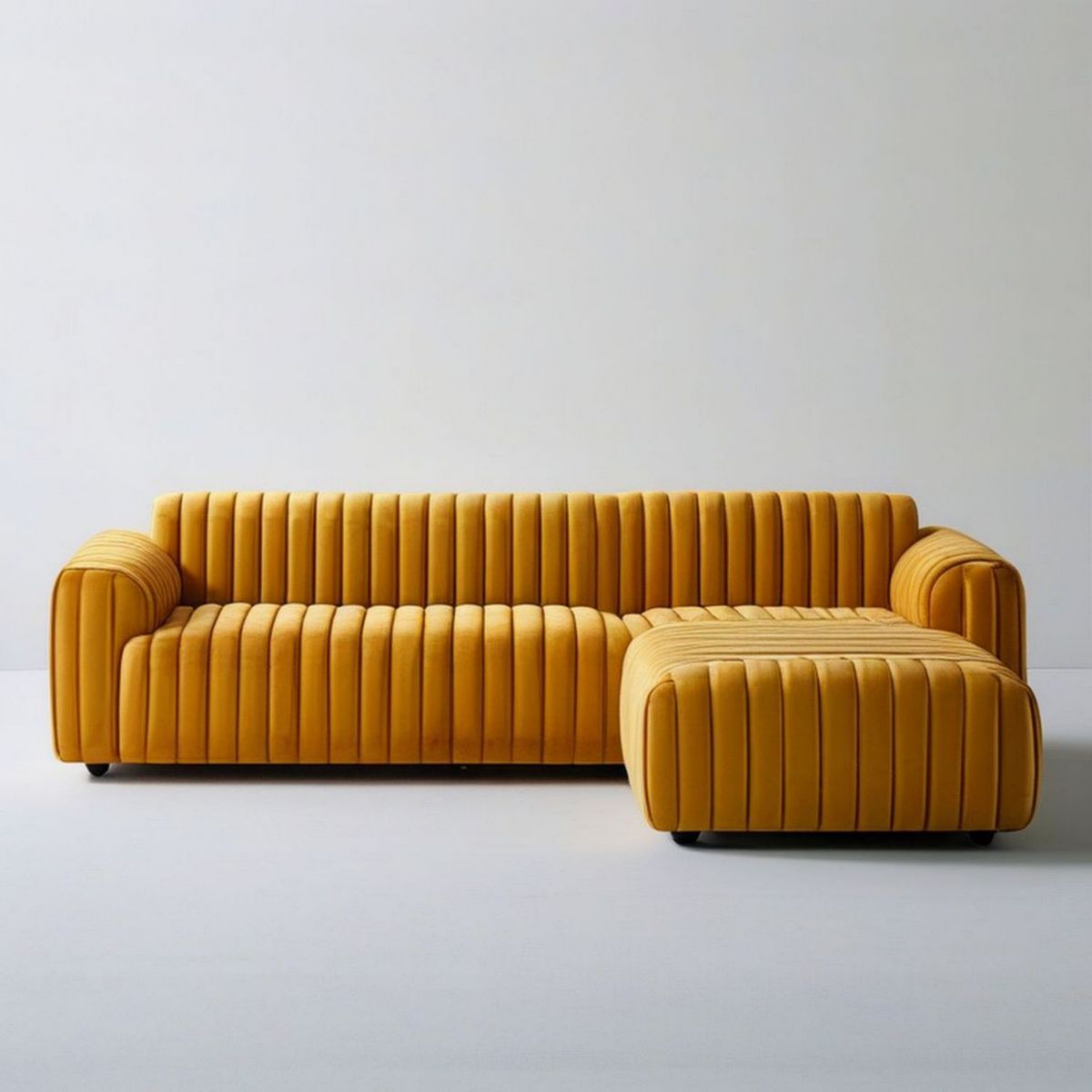 Musztardowa sofa 3-osobowa z prawostronnym szezlongiem, 250 x 160 x 78 cm