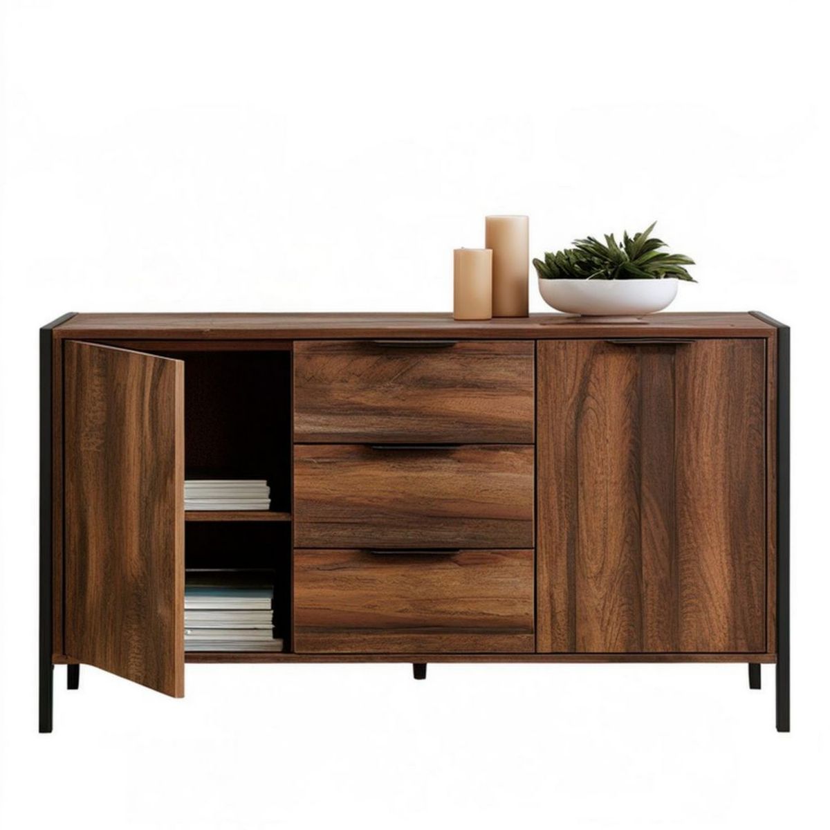 Komoda 2-drzwiowa z 3 szufladami, 160 × 40 × 85 cm, orzechowa/czarna