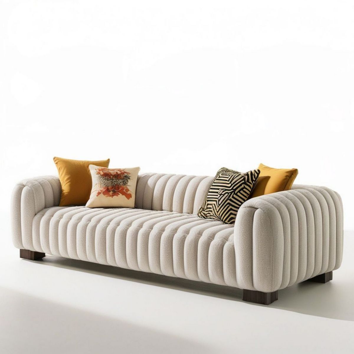 Kremowa sofa trzyosobowa bouclé 220 x 95 x 78 cm z ciemnobrązowymi nogami